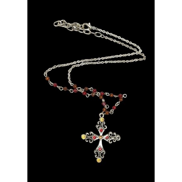 Gothic Medieval Red And Yellow Beaded Silver Tone Cross Necklace - Picture 1 of 6